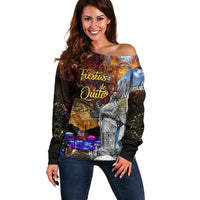 Women’s off-shoulder long-sleeve sweater with colorful festive graphic, dark base