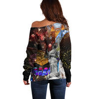 Women’s off-shoulder sweater, back view, long sleeves, fireworks-style festive print