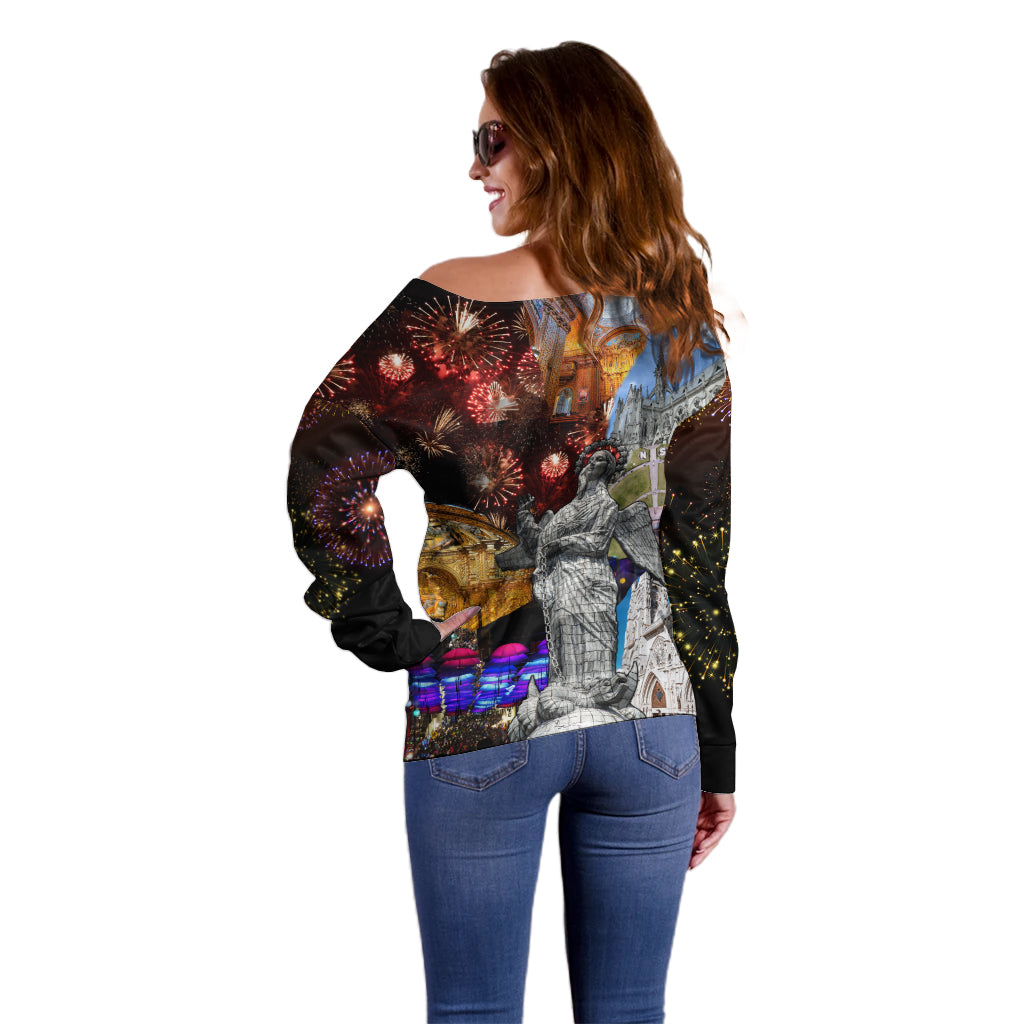 Women’s off-shoulder long-sleeve sweater with back fireworks and city scene print