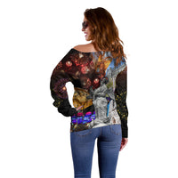 Women’s off-shoulder long-sleeve sweater with back fireworks and city scene print