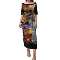 Long dress with short sleeves, round neck, colorful city and fireworks print