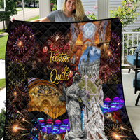 Ecuador quilt with black base, “Fiestas de Quito” text, fireworks, cathedral and figure