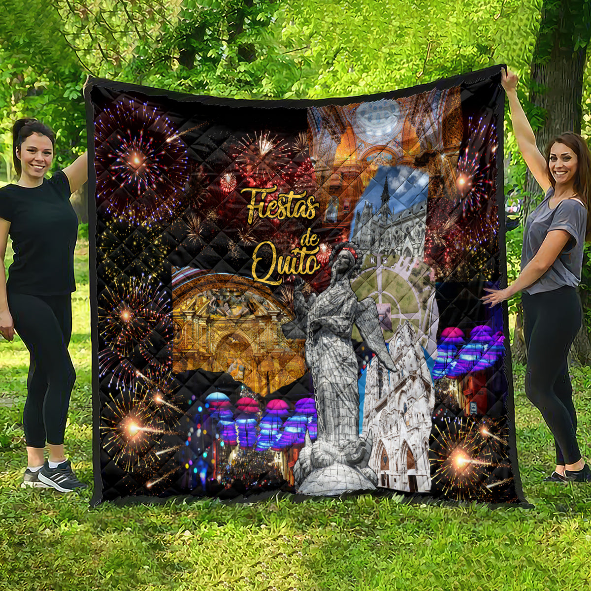 Ecuador quilt spread out, black design with “Fiestas de Quito,” fireworks and cathedral