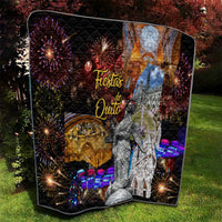Ecuador quilt close view, black base with “Fiestas de Quito,” fireworks and cathedral mural