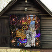Ecuador quilt hanging, black design with “Fiestas de Quito,” fireworks and purple scene lights
