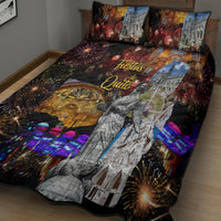 Quilt bed set with bold fireworks and “Fiestas de Quito” central print, matching pillow shams