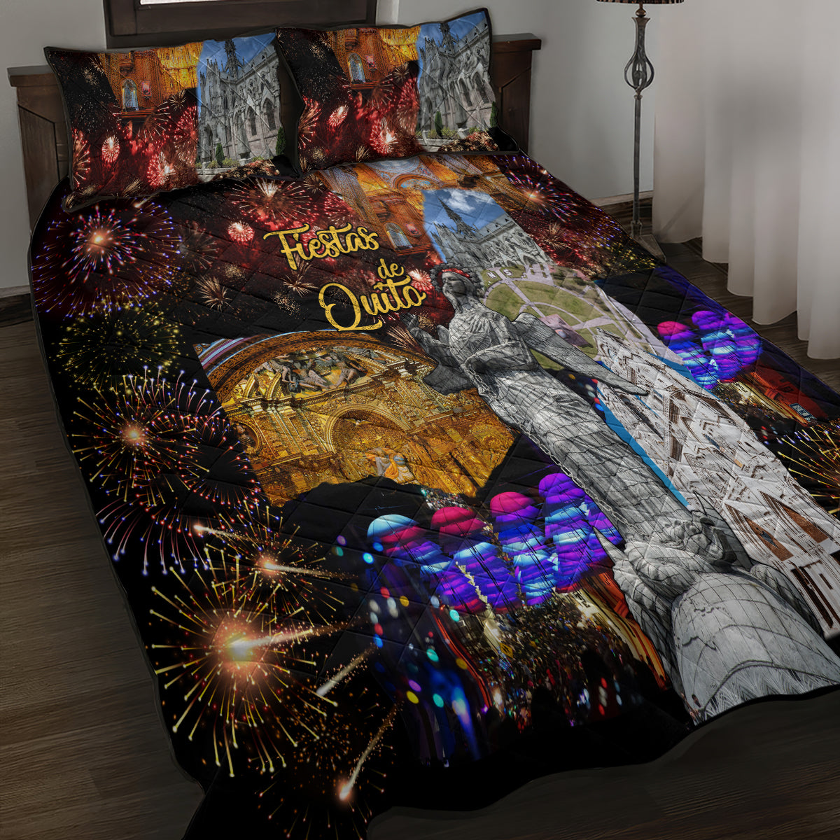 Quilt bed set with city landmark scene, fireworks bursts, “Fiestas de Quito” text, two shams