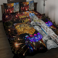 Quilt bed set with city landmark scene, fireworks bursts, “Fiestas de Quito” text, two shams