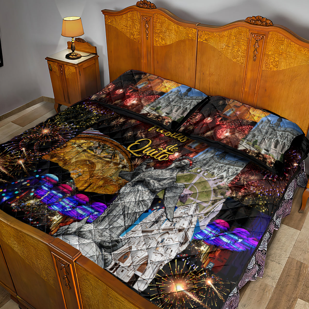 Quilt bed set featuring fireworks and “Fiestas de Quito” artwork across quilt and pillowcases