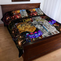 Quilt bed set with vibrant fireworks and landmark graphics, “Fiestas de Quito” print, includes shams