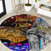 Round printed carpet rug with 'Fiestas de Quito' text, statue and city skyline