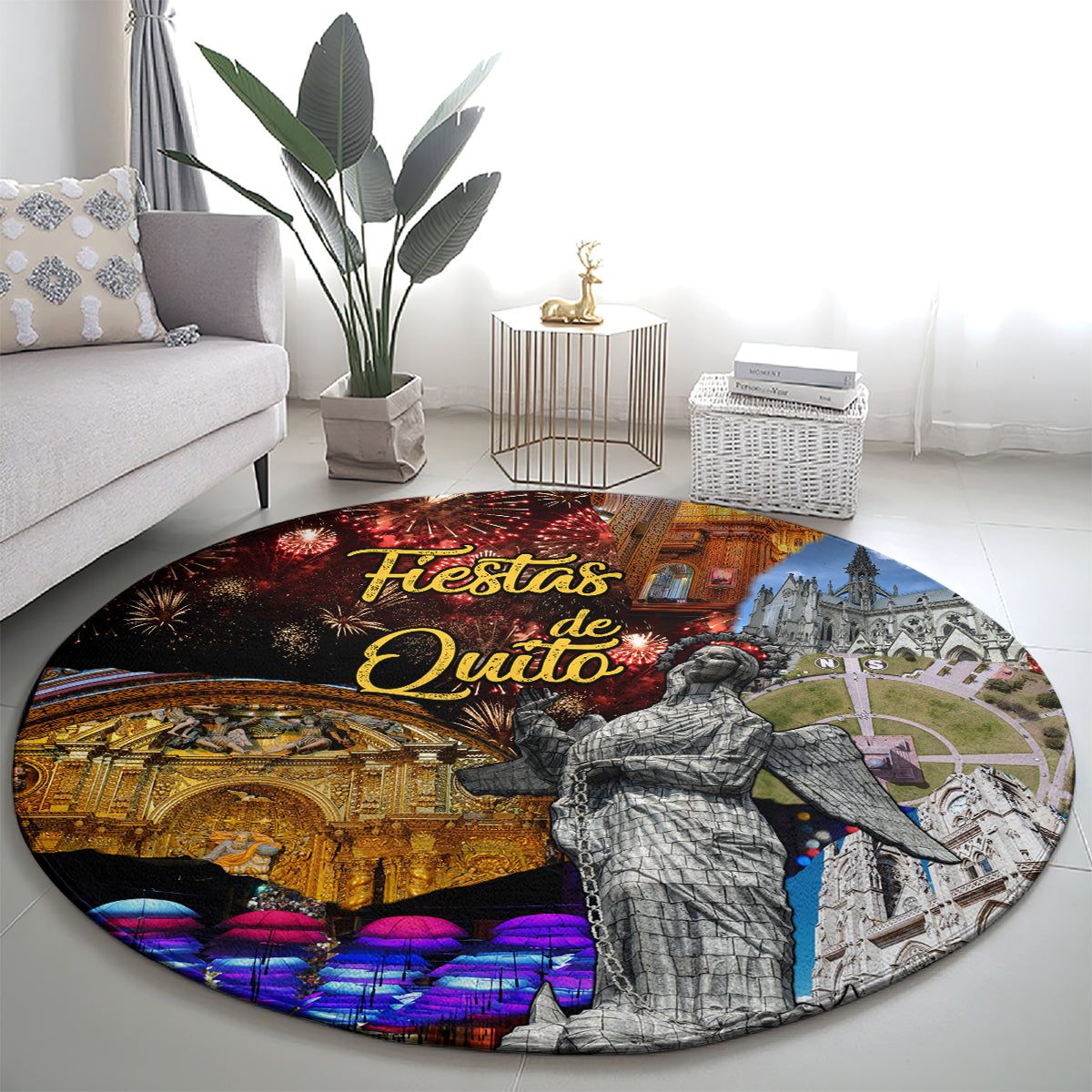 Round rug with 'Fiestas de Quito' title and gray statue in front of colorful skyline