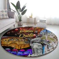 Round rug with 'Fiestas de Quito' title and gray statue in front of colorful skyline