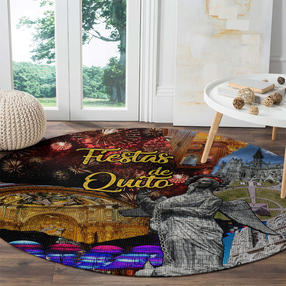 Round printed rug 'Fiestas de Quito' with statue and neon purple city lights
