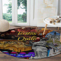 Round printed rug 'Fiestas de Quito' with statue and neon purple city lights