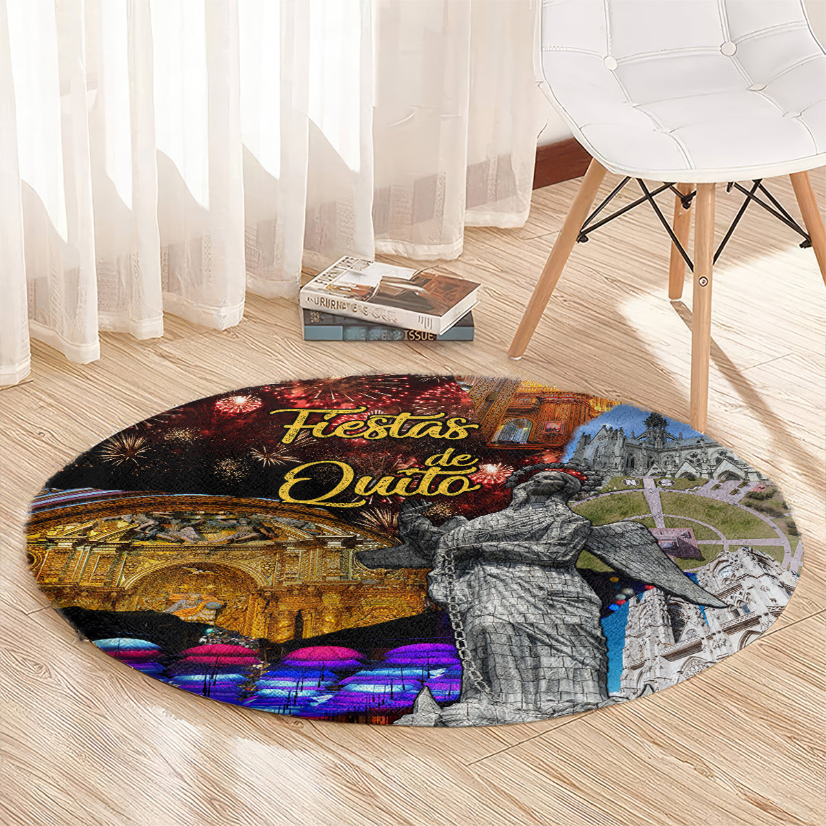 Round carpet rug with 'Fiestas de Quito' print, statue and multicolor plaza lights