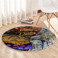 Round carpet rug with 'Fiestas de Quito' print, statue and multicolor plaza lights