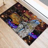 Rectangular rubber doormat showing Fiesta de Quito text, statue, cathedral and fireworks