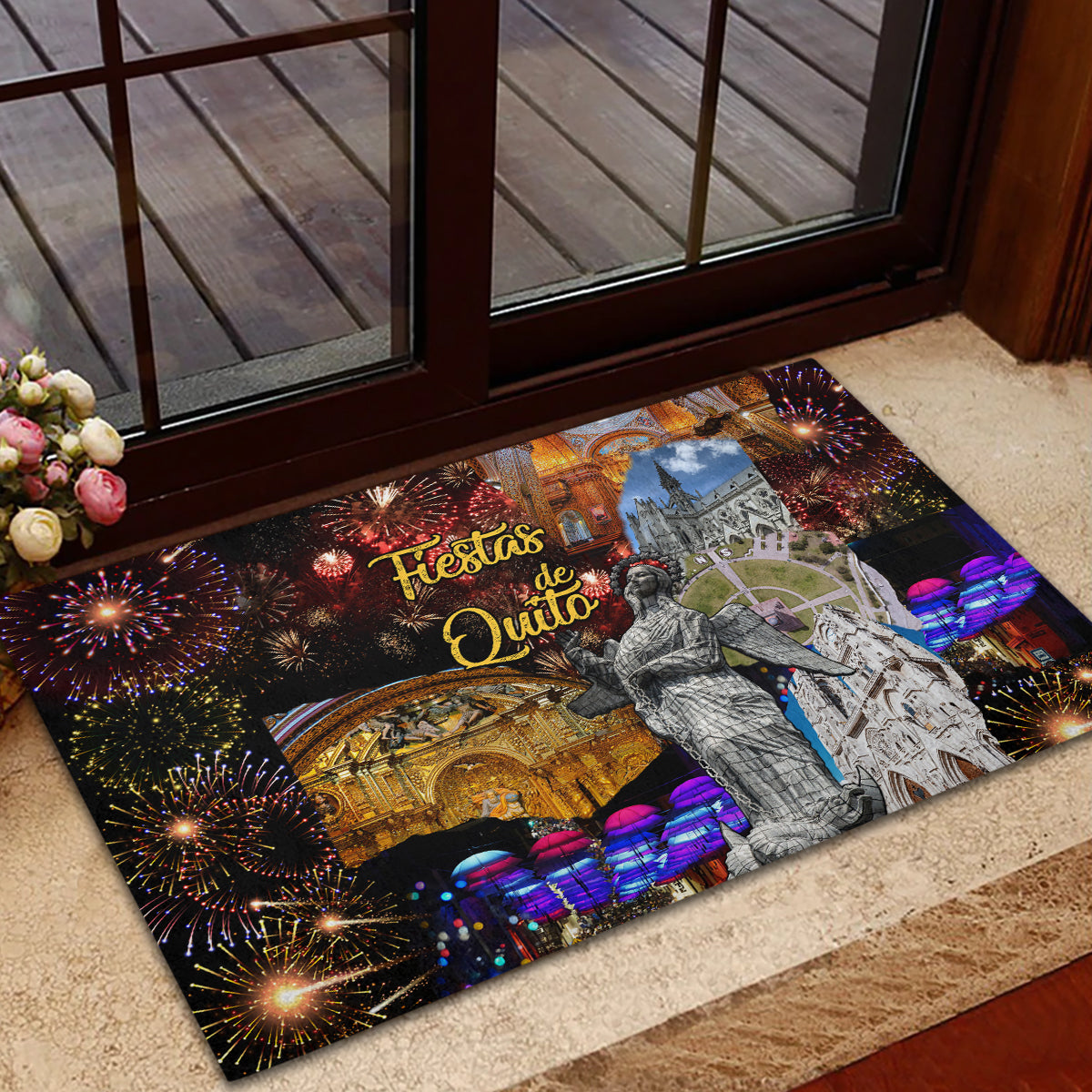 Rectangular rubber doormat with Fiesta de Quito artwork, fireworks, statue, and church detail