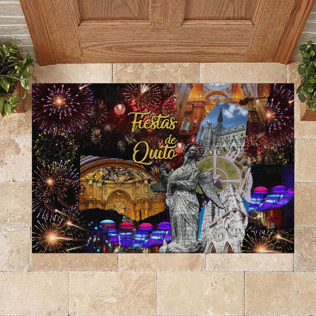 Rectangular rubber doormat with Fiesta de Quito collage, statue figure, fireworks, cathedral
