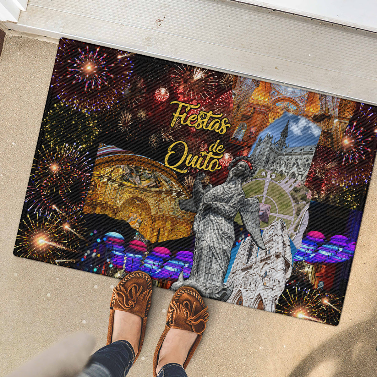 Rectangular rubber doormat with Fiesta de Quito artwork, fireworks, cathedral and street view
