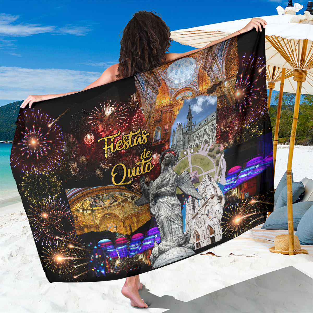 Black festival sarong with colorful city and fireworks graphic, single-sided print