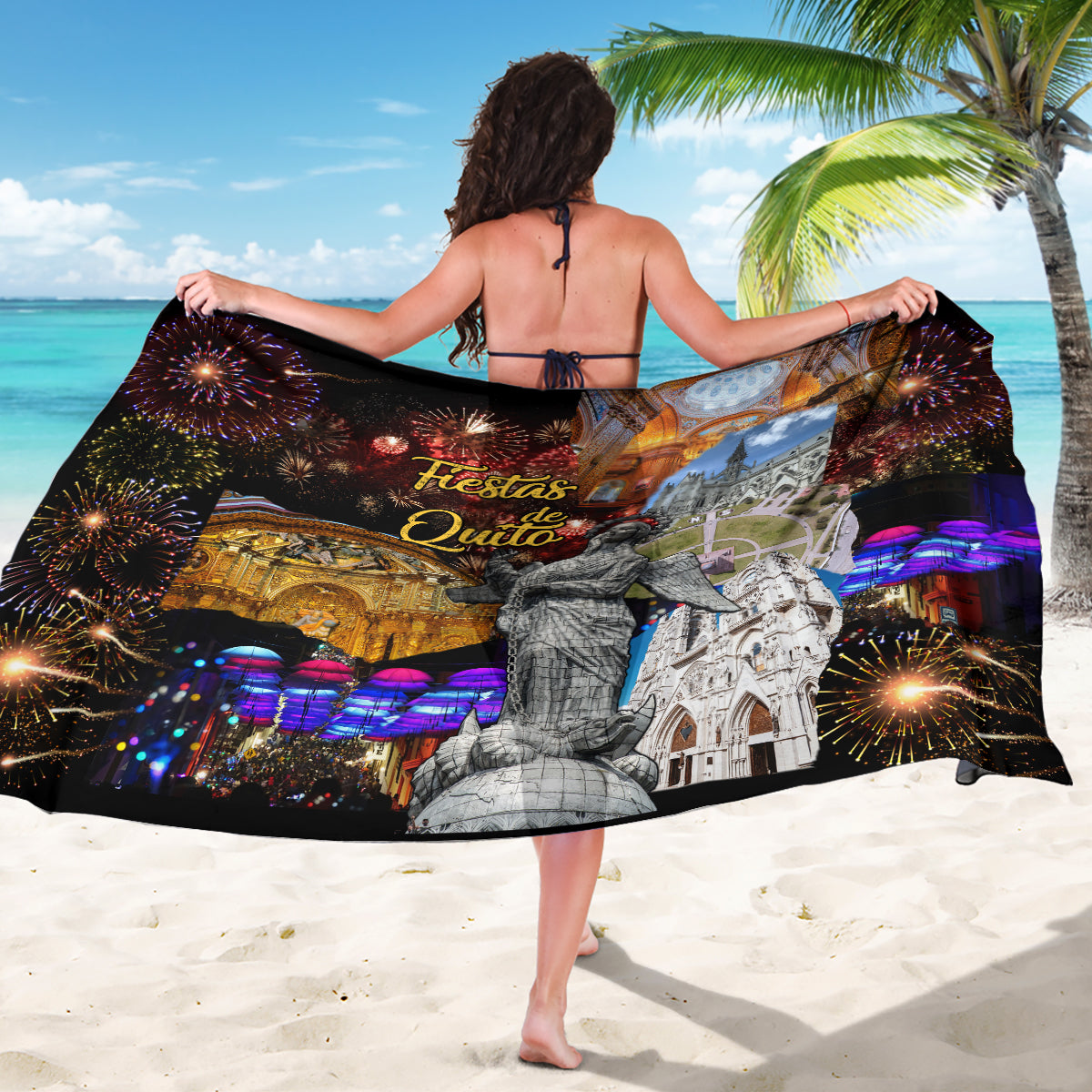 Black festival sarong with 'Fiestas de Quito' lettering, city scene and fireworks
