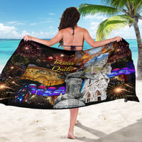 Black festival sarong with 'Fiestas de Quito' lettering, city scene and fireworks