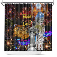 Black shower curtain with fireworks, colonial architecture and statue scene