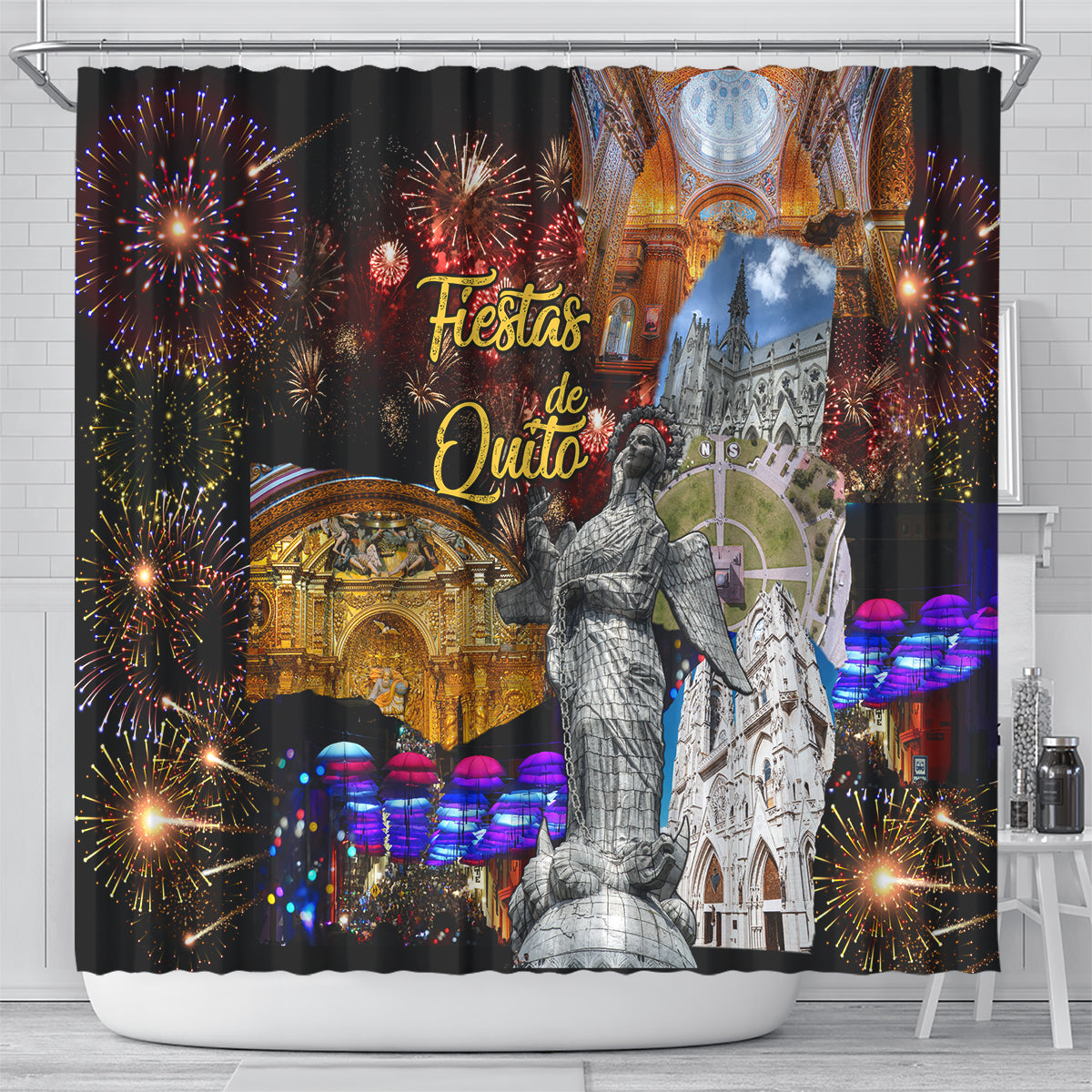 Shower curtain showing fireworks, colorful lights, colonial buildings, and statue