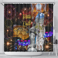 Shower curtain showing fireworks, colorful lights, colonial buildings, and statue