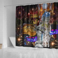 Black shower curtain with “Fiestas de Quito” text, fireworks, and statue