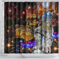 Shower curtain with fireworks, “Fiestas de Quito” lettering, and towering statue