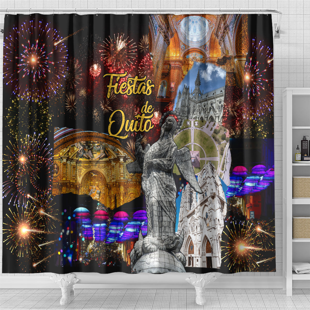 Shower curtain featuring fireworks, colorful lights, colonial facade, and statue