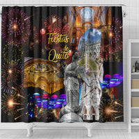 Shower curtain featuring fireworks, colorful lights, colonial facade, and statue