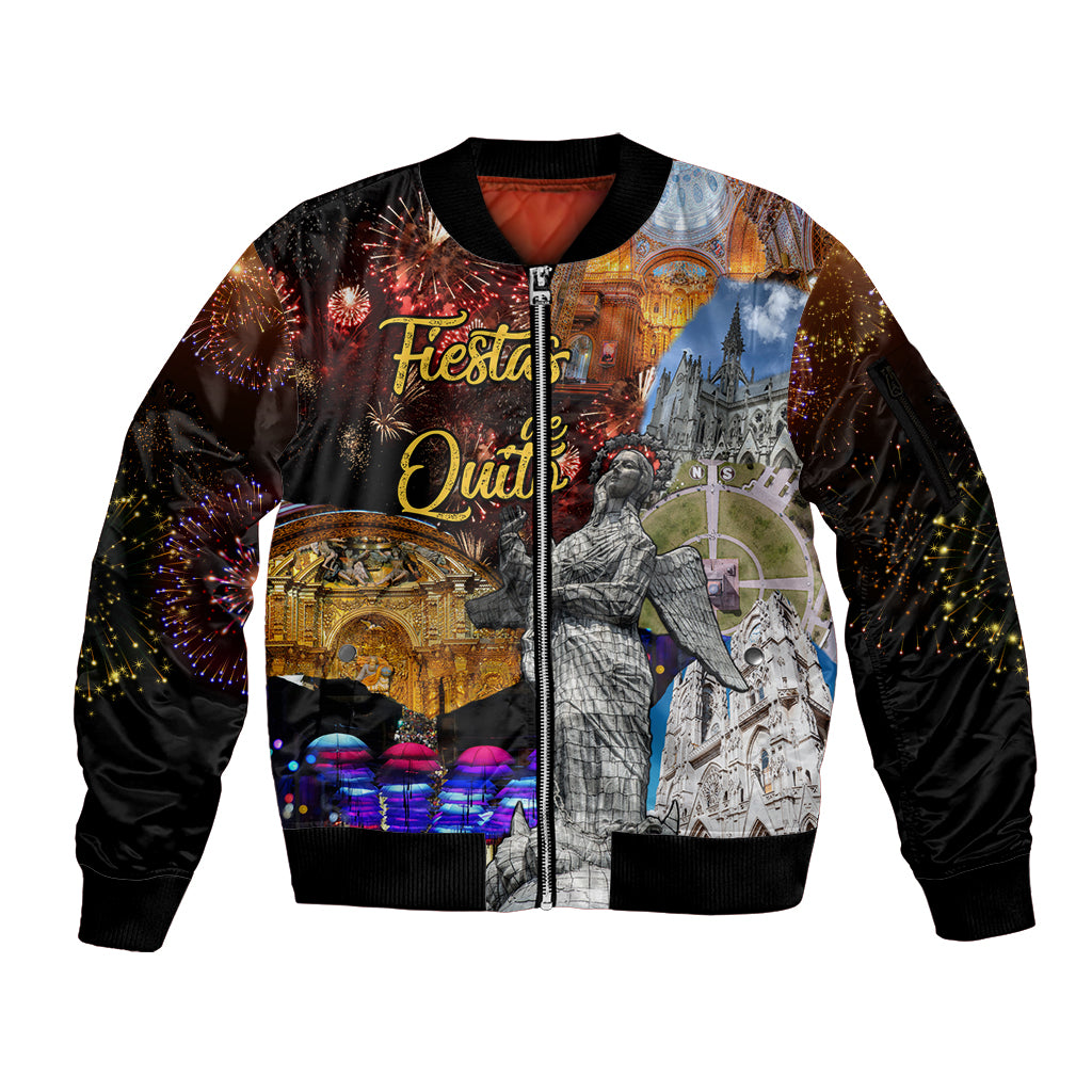 Unisex zip-front bomber jacket with Fiesta Quito graphic, ribbed cuffs and hem