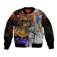 Unisex zip-front bomber jacket with Fiesta Quito graphic, ribbed cuffs and hem