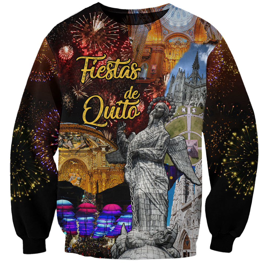 Unisex dark sweatshirt with colorful skyline, fireworks graphic, long sleeves