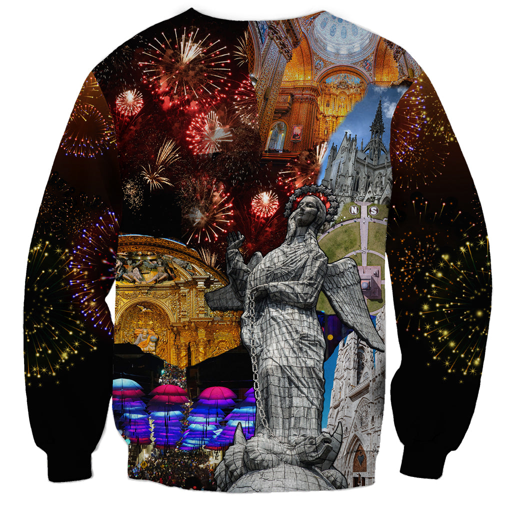 Unisex dark sweatshirt with large fireworks and cathedral graphic, long sleeves