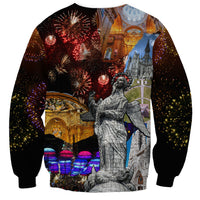 Unisex dark sweatshirt with large fireworks and cathedral graphic, long sleeves