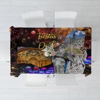 Rectangular tablecloth with multicolor fireworks, buildings, and 'Fiestas' text