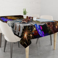 Rectangular tablecloth with fireworks sparks and grayscale archways in a colorful print