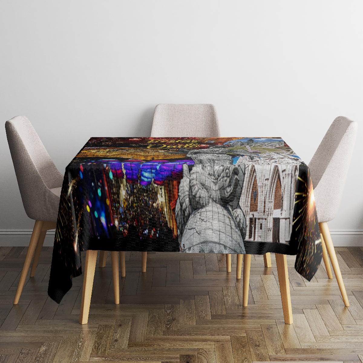 Rectangular tablecloth on dining table with fireworks, purple lights, and grayscale figures