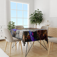 Rectangular tablecloth with vibrant fireworks, purple-blue accents, and monument artwork