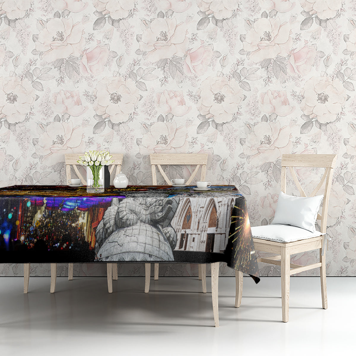 Rectangular tablecloth with fireworks bursts and grayscale cathedral facade print