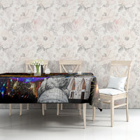 Rectangular tablecloth with fireworks bursts and grayscale cathedral facade print