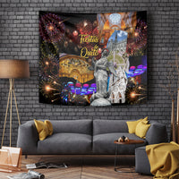 Black Fiesta de Quito tapestry with fireworks, cathedral, and statue center art