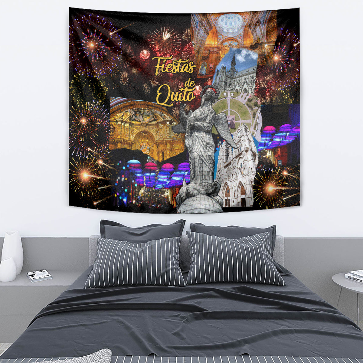 Black wall tapestry showing fireworks, gold cathedral scene, and standing statue