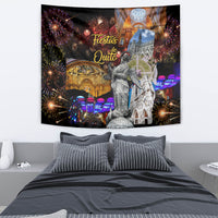 Black wall tapestry showing fireworks, gold cathedral scene, and standing statue