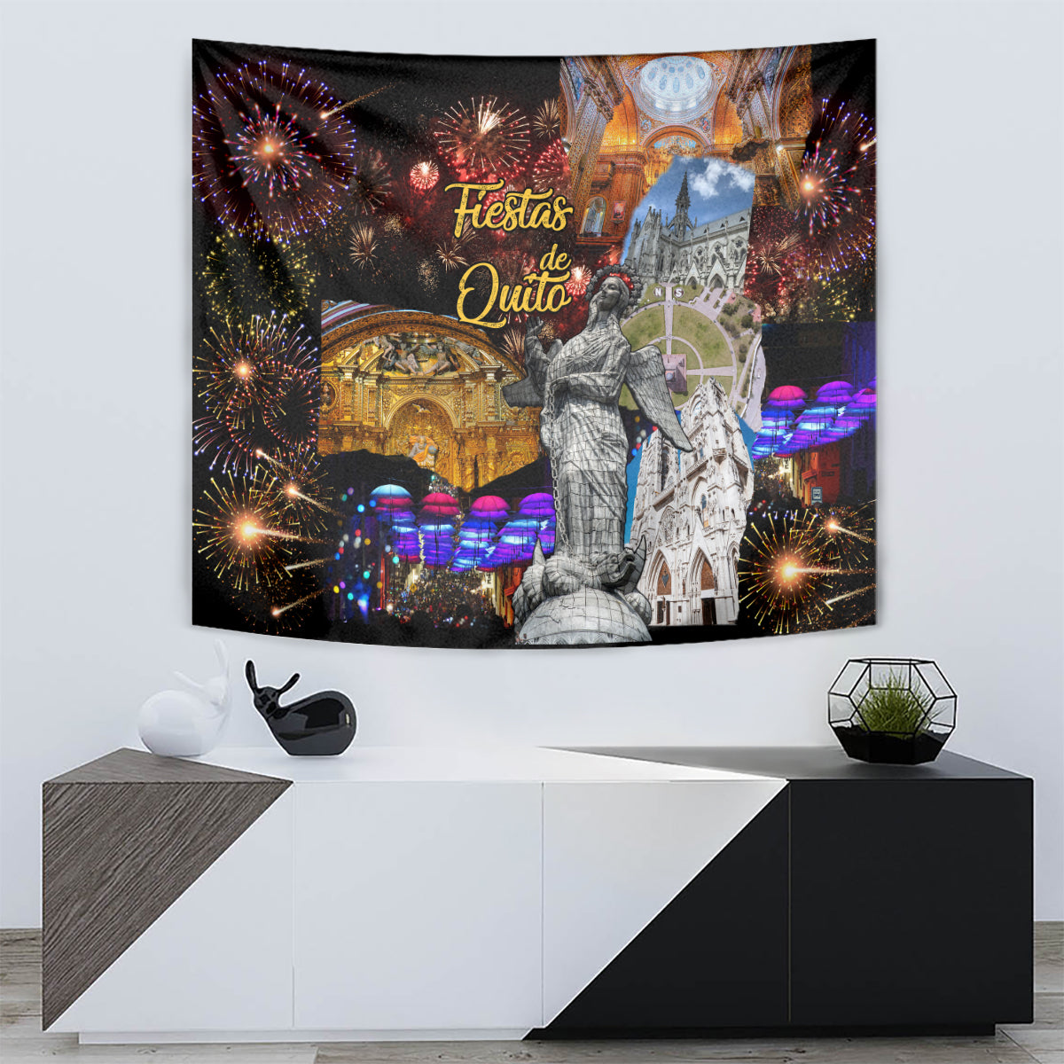 Black tapestry with fireworks, colorful city lights, and stone statue in front